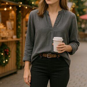 Eileen Fisher Shirt - Cotton Mandarin Collar Top – Soft Gray